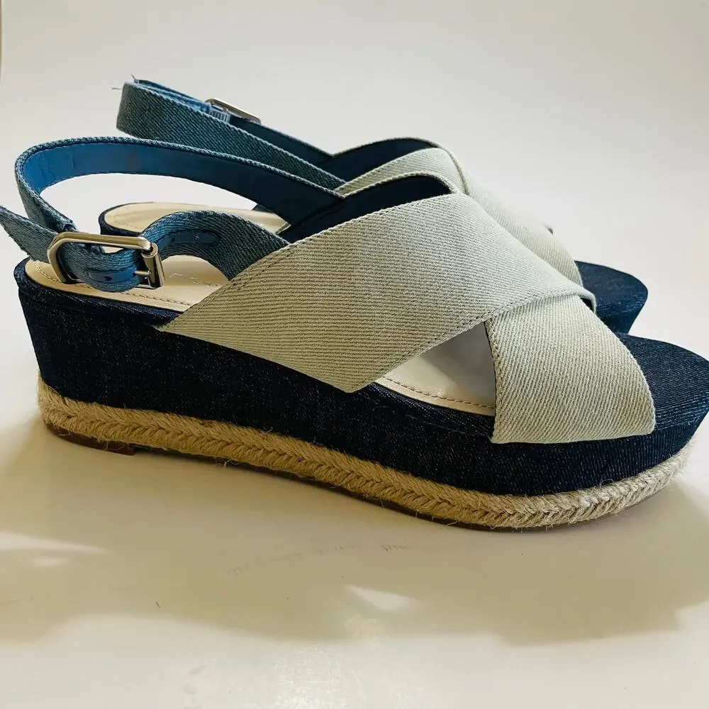 Marc Fisher Denim Espadrille Wedge Sandals 9.5